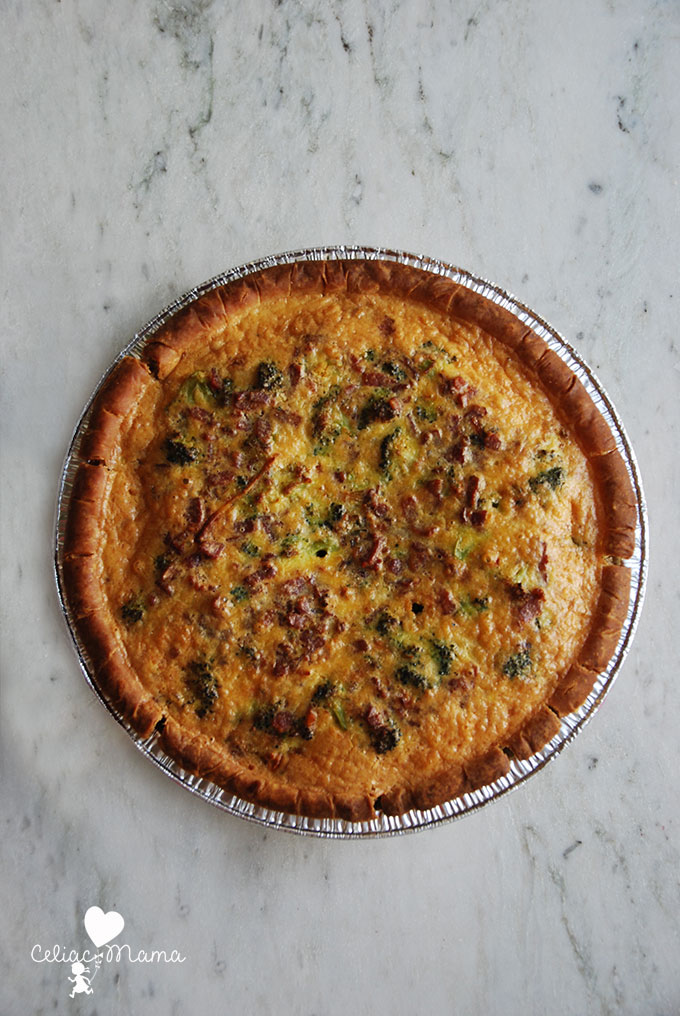 vegetable bacon quiche on a table
