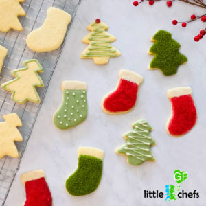 decorated Christmas tree and stocking sugar cookies, gluten free and vegan