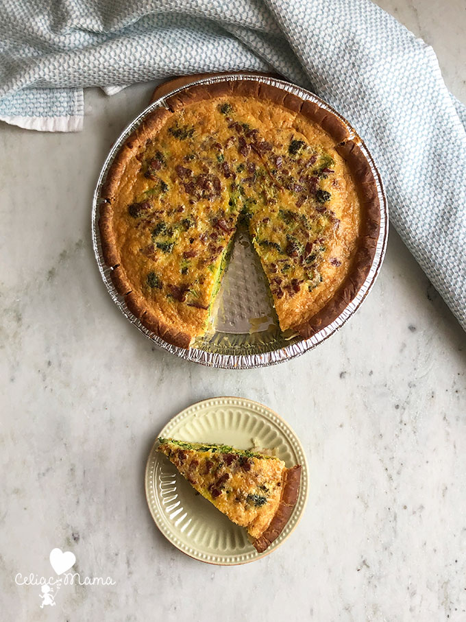 slice of vegetable bacon quiche and remaining pie shell